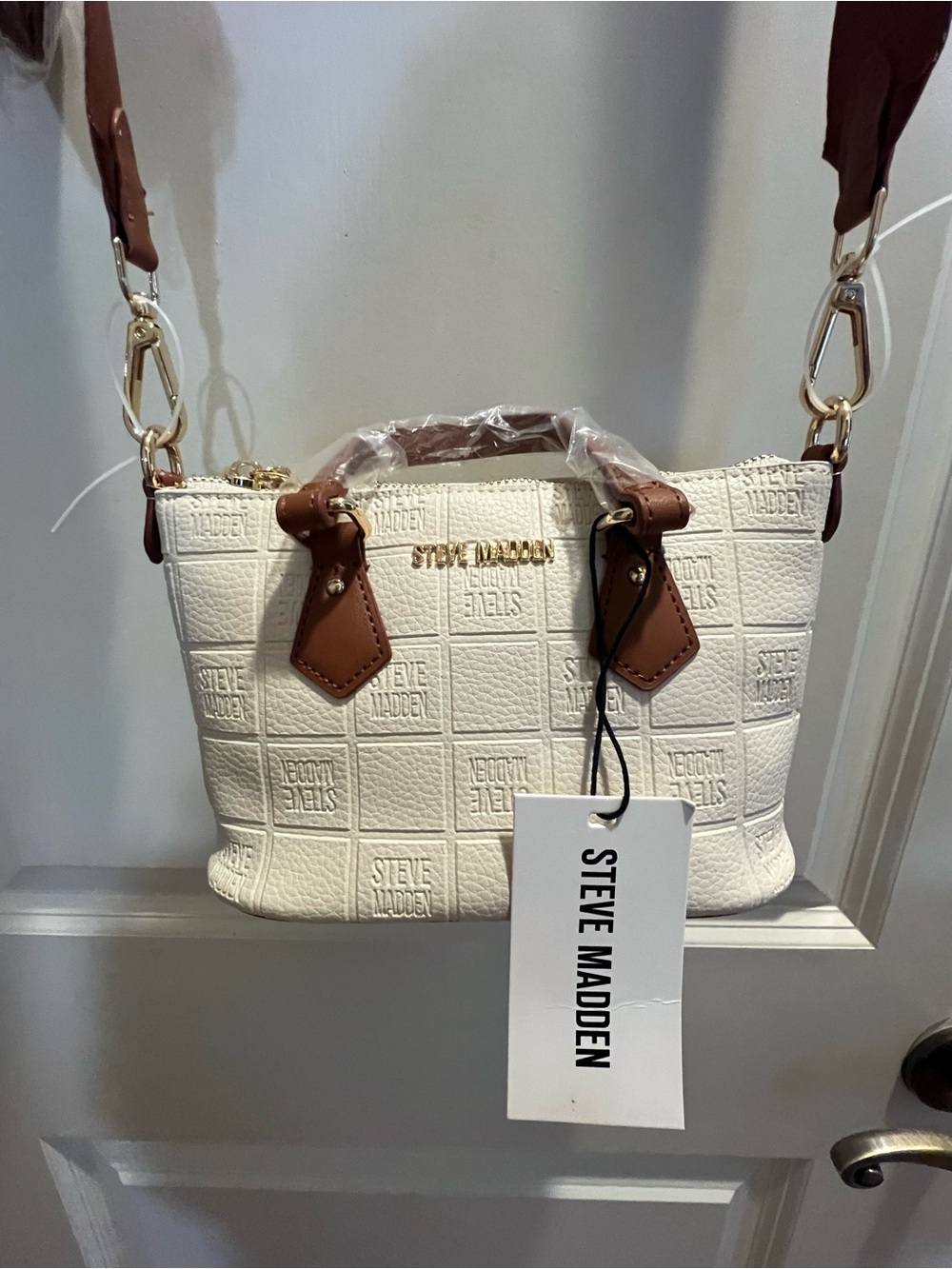 Steve Madden Cream Textured Satchel with Brown Trim and Gold Hardware